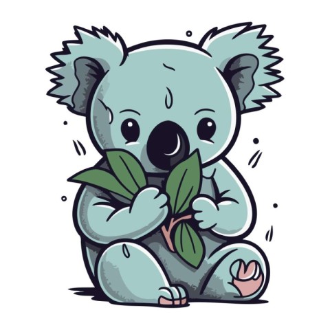 Cute cartoon koala holding a green plant. Vector illustration.