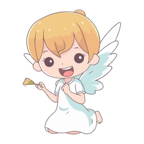 Cute little angel with wings holding a paint brush. Vector illus