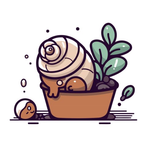 Cute snail in a pot. Vector illustration in cartoon style.