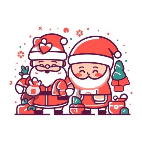 Cute cartoon santa claus and elf with christmas gifts. Vector il