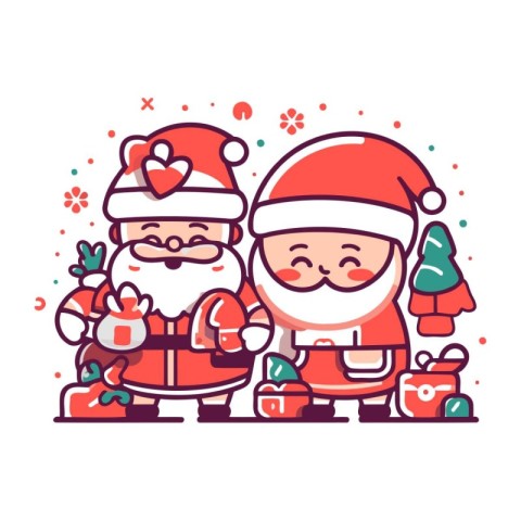 Cute cartoon santa claus and elf with christmas gifts. Vector il
