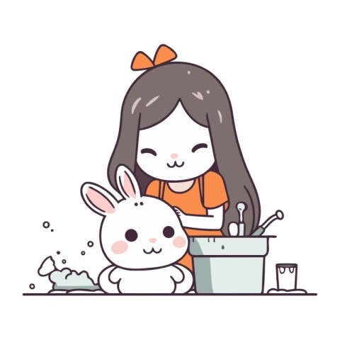 Little cute girl painting a rabbit in the kitchen. Vector illust