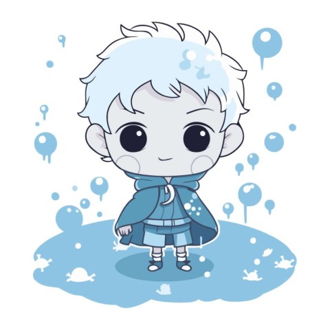 cute little boy with blue hair in the rain. vector illustration