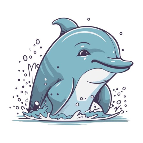 Cute cartoon dolphin jumping out of the water. Vector illustrati