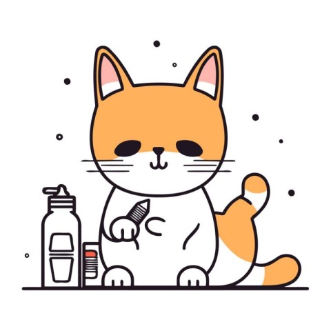 Cute cat with toothbrush and toothpaste. Vector illustration.