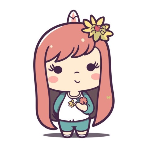 Cute little girl with flowers in her hair. Vector illustration.