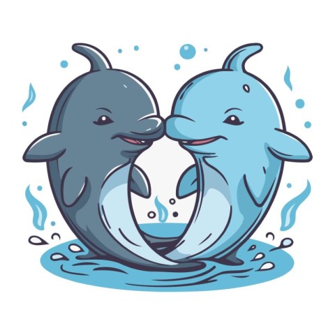 Dolphins in water. Vector illustration of a funny cartoon charac