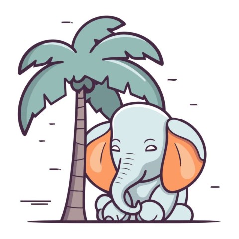 Cute cartoon elephant sitting on the palm tree. vector illustrat