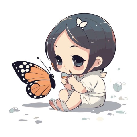 Cute little baby girl playing with a butterfly. Vector illustrat