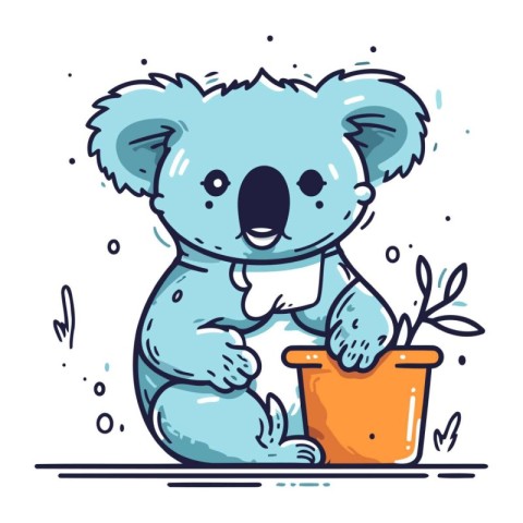 Cute cartoon koala sitting on the floor and holding a flower pot