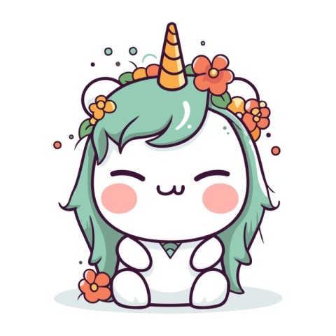 Cute little unicorn with flowers. Vector illustration in cartoon