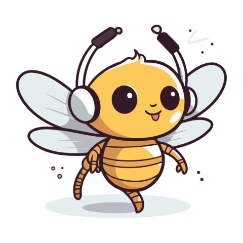 Cute cartoon bee with headphones. Vector illustration isolated o