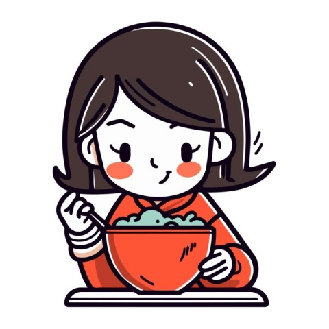 Illustration of a cute little girl eating a bowl of soup.