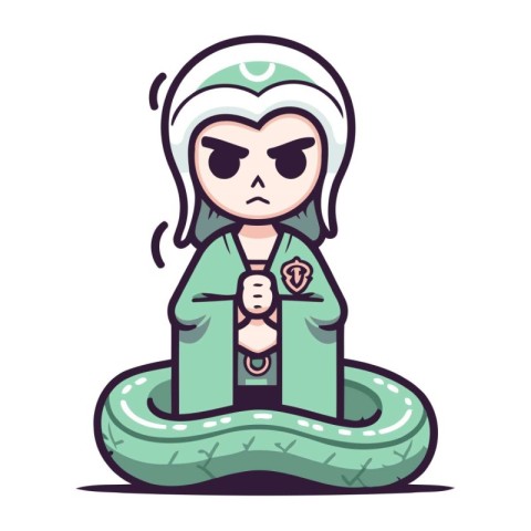 Illustration of a cartoon woman in a green robe with a snake