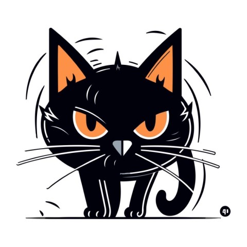 Black cat with orange eyes. Vector illustration isolated on whit