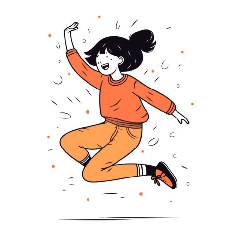 Happy girl jumping in the air. Vector illustration in sketch sty