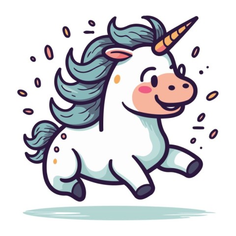 Cute cartoon unicorn running on the white background. Vector ill