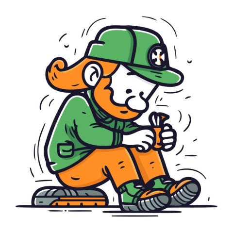 Cartoon illustration of a leprechaun with a carrot.