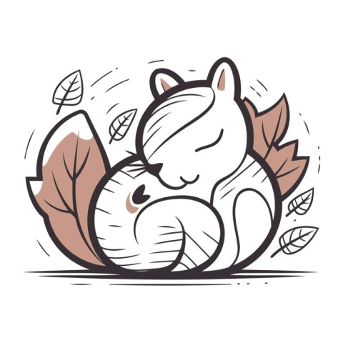 Cute cat sleeping on a branch with leaves. Vector illustration.