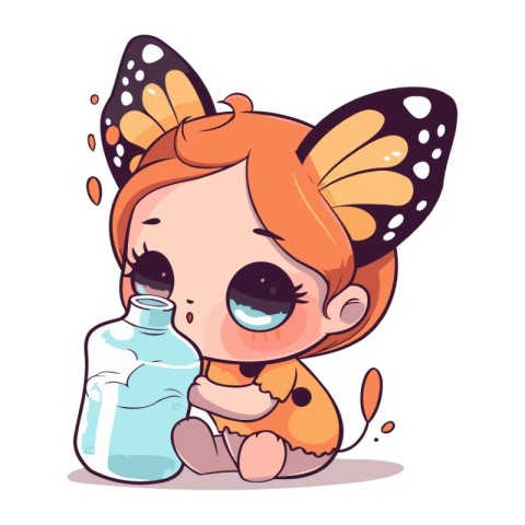 Cute little baby girl with a bottle of water. Vector illustratio