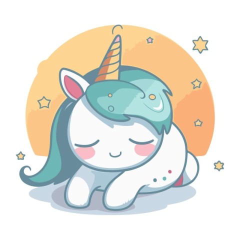 Cute cartoon unicorn on a background of stars. Vector illustrati