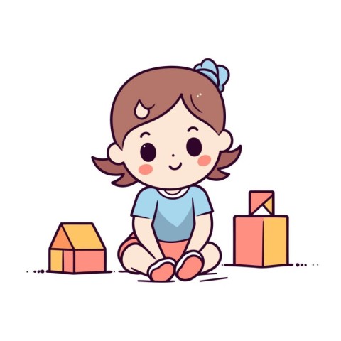 Cute little girl playing with toy blocks. Vector illustration in