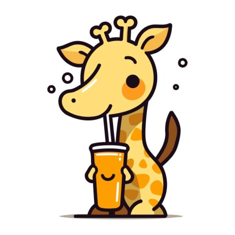 Cute Giraffe drinking coffee. Vector illustration in cartoon sty