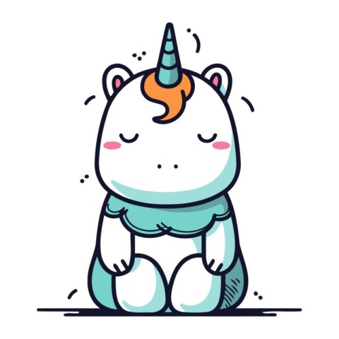 Cute cartoon unicorn sitting on the ground. Vector illustration.