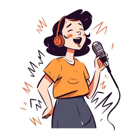 Vector illustration of a girl singing karaoke in headphones with