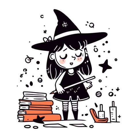 Cute girl in witch costume with magic wand and books. Vector ill