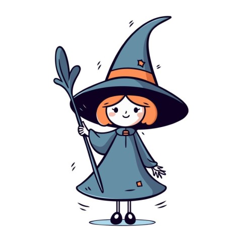 Cute little witch with broom. Vector illustration in cartoon sty