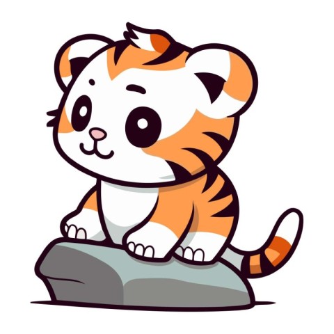 Cute cartoon tiger sitting on a stone. Vector illustration isola