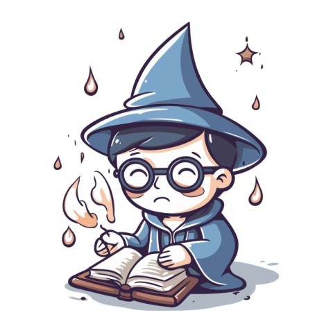 Witch reading a book and holding a magic wand. Vector illustrati