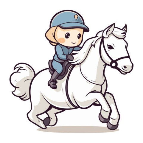 Cute little boy riding a white horse. Cartoon vector illustratio