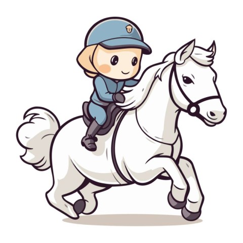 Cute little boy riding a white horse. Cartoon vector illustratio