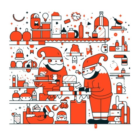 Santa Claus and elf in the kitchen. Vector illustration in thin