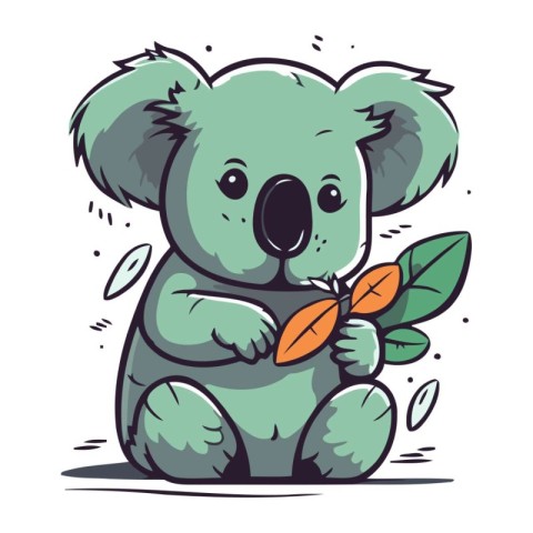 Cute cartoon koala with a leaf. Vector illustration on white bac