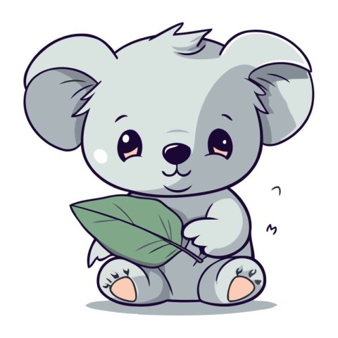 Cute cartoon koala with a green leaf. Vector illustration.