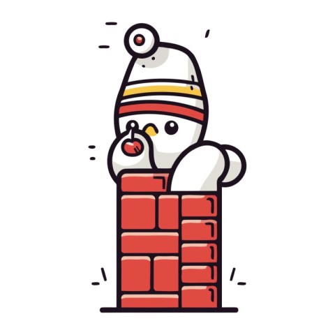 Vector illustration of a snowman standing on a brick chimney.