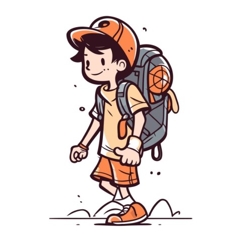 Hiking boy with backpack. Vector illustration in doodle style