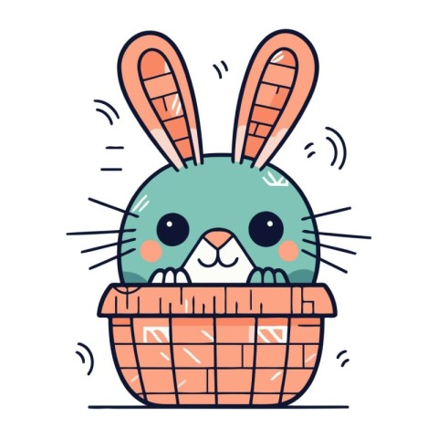 Cute rabbit in a basket. Vector illustration in cartoon style.