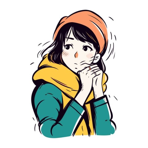 Crying woman in winter clothes. Vector illustration in sketch st