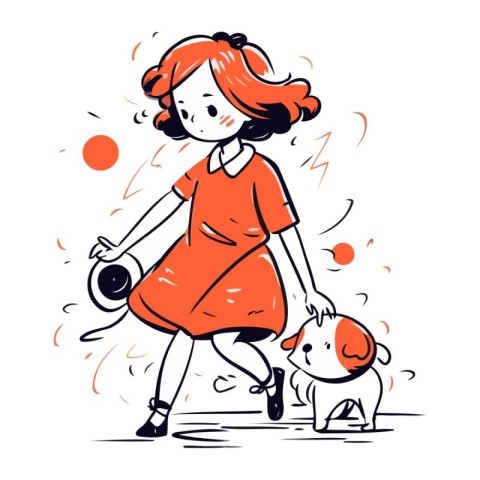 Vector illustration of a girl walking with a dog on a leash.