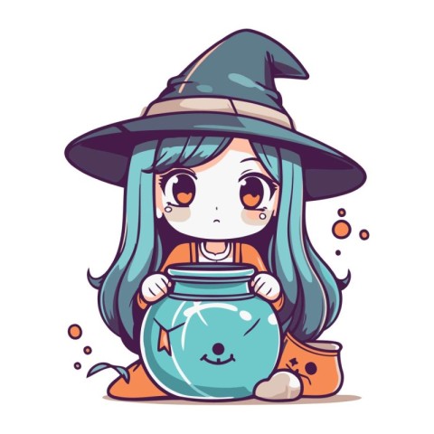 Cute cartoon little witch girl holding a magic pot. Vector illus