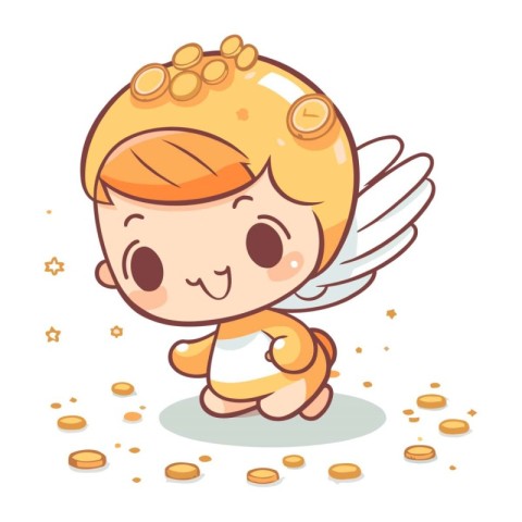 Cute angel with gold coins. Vector illustration in cartoon style