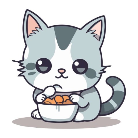 Cute cat with bowl of food character cartoon vector illustration