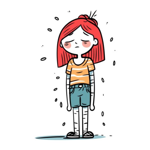 Cute cartoon girl with red hair. standing and crying. Vector ill