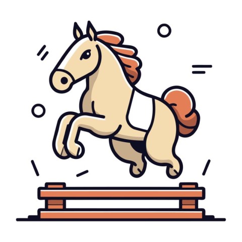 Horse jumping on wooden platform. Vector illustration in line ar