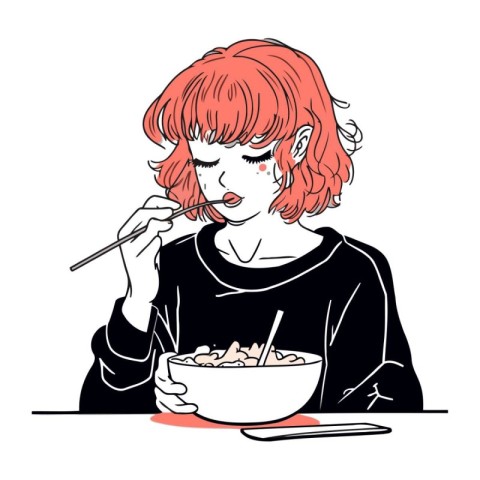 Illustration of a girl eating a bowl of cereals with chopsticks