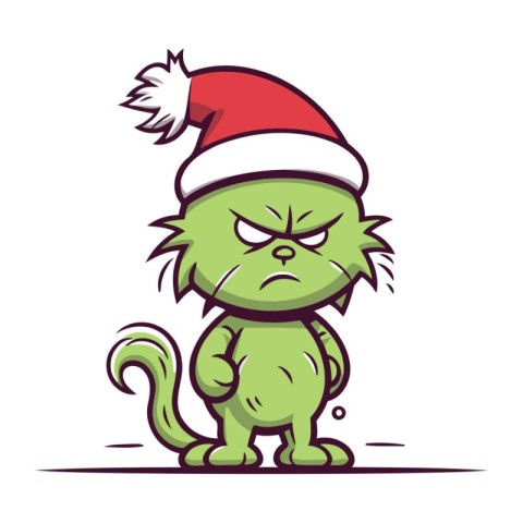 Cartoon angry cat with a red Santa Claus hat. Vector illustratio